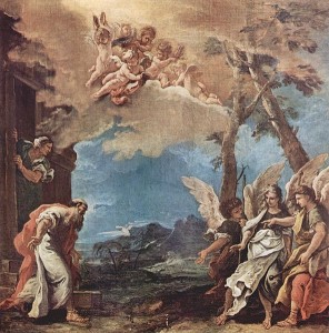 Sebastiano Ricci: Abramo e tre angeli, 1695 circa, olio su tela, 88,5 × 87,5 cm., Musée d'art et d'industrie de Saint-Étienne.